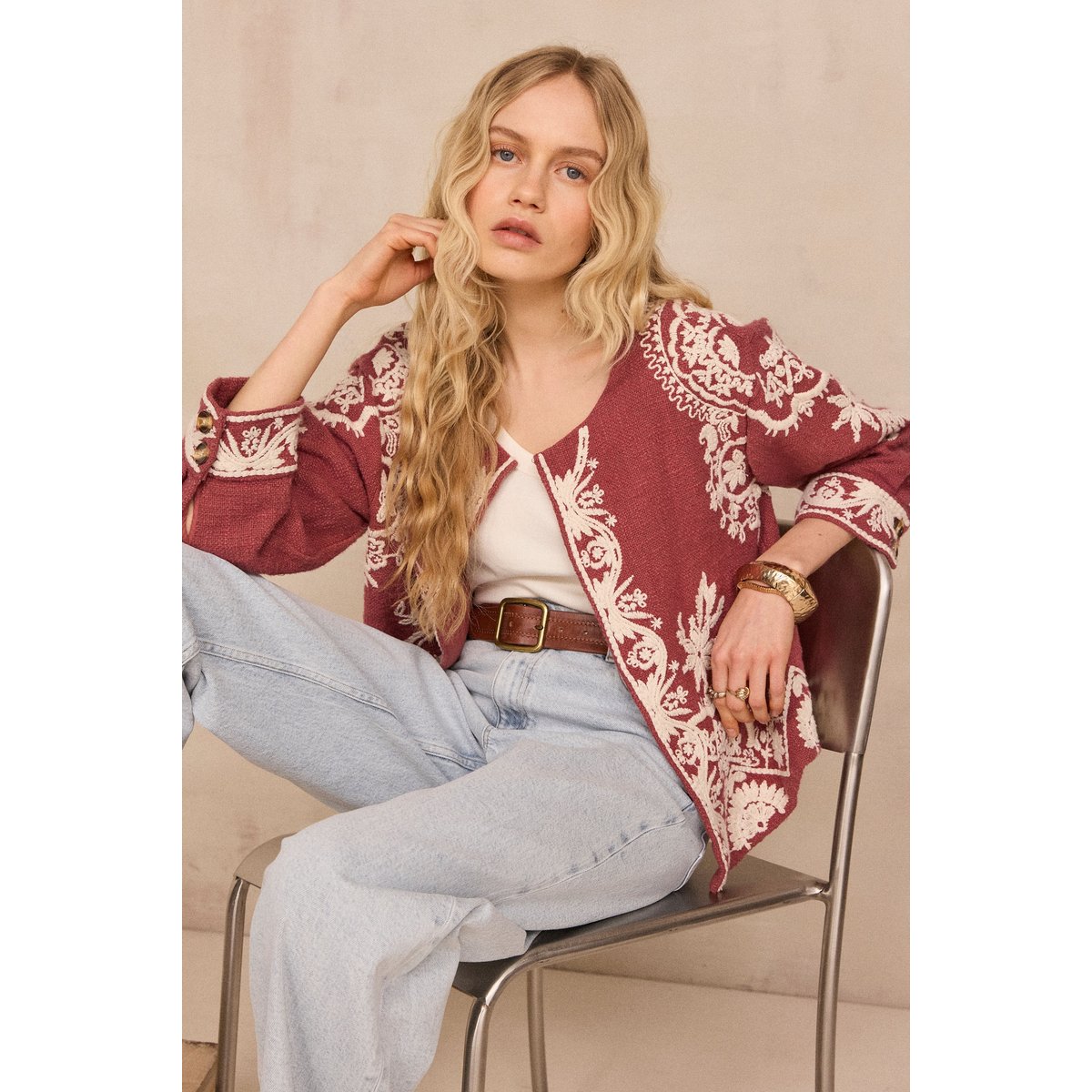 Veste brodée à manches longues en coton VALMA bois de rose, Maison 123