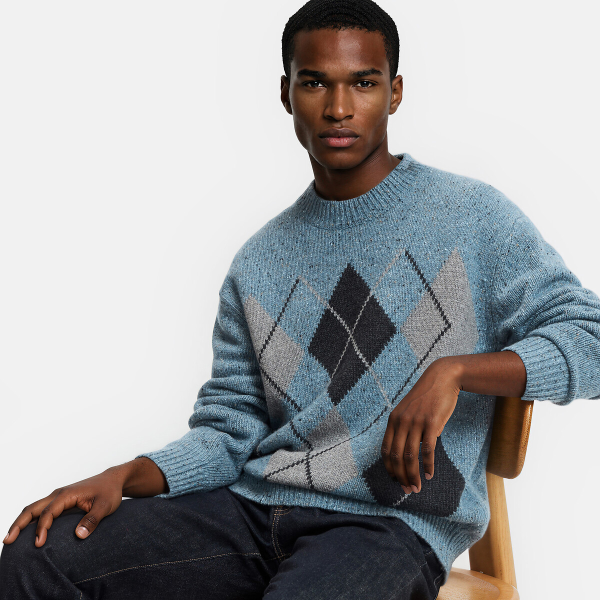 Pull col rond en grosse maille, motif jacquard losanges bleu denim, LA REDOUTE COLLECTIONS
