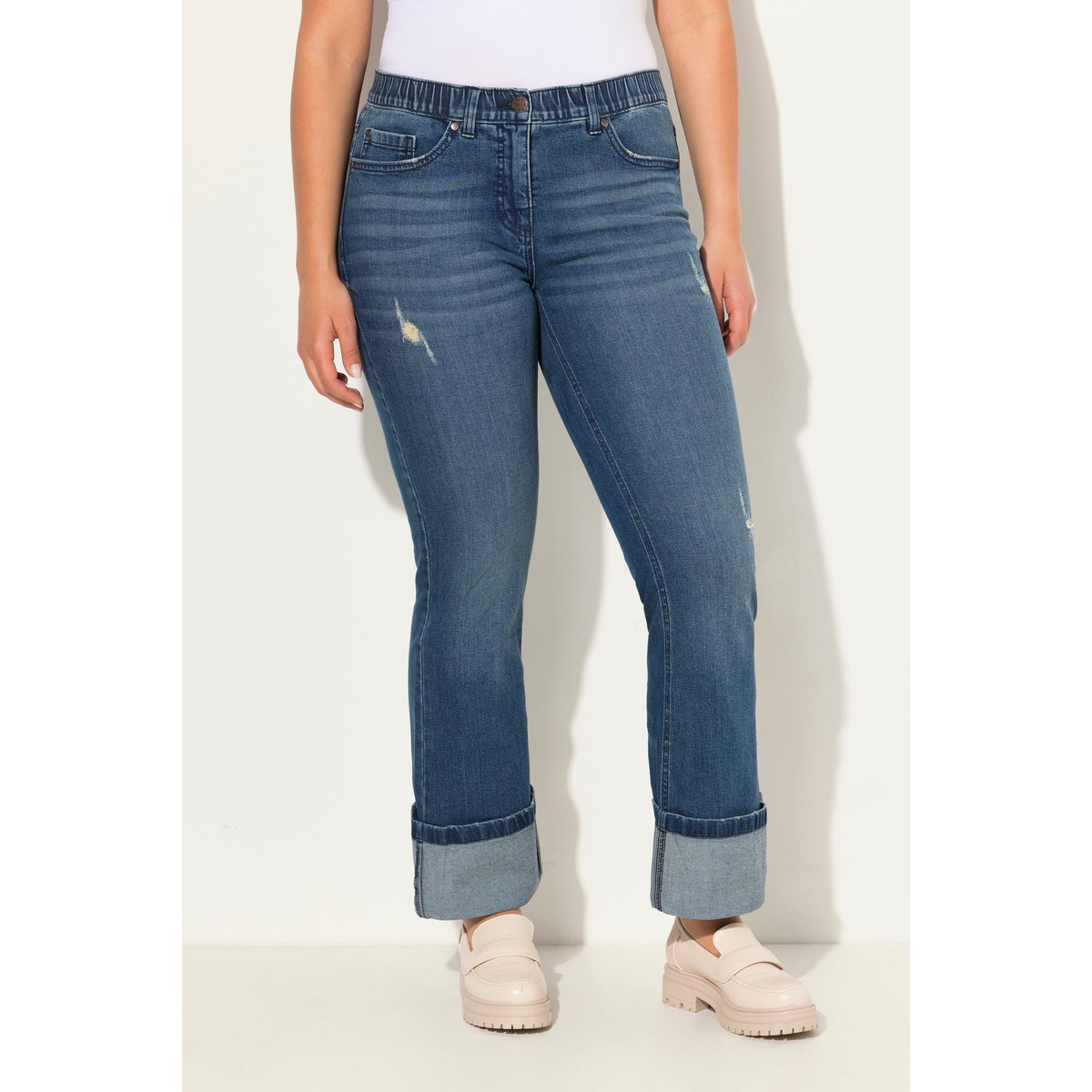 Jean 7/8 Mary, jambe large, détails destroy bleu jean, ULLA POPKEN