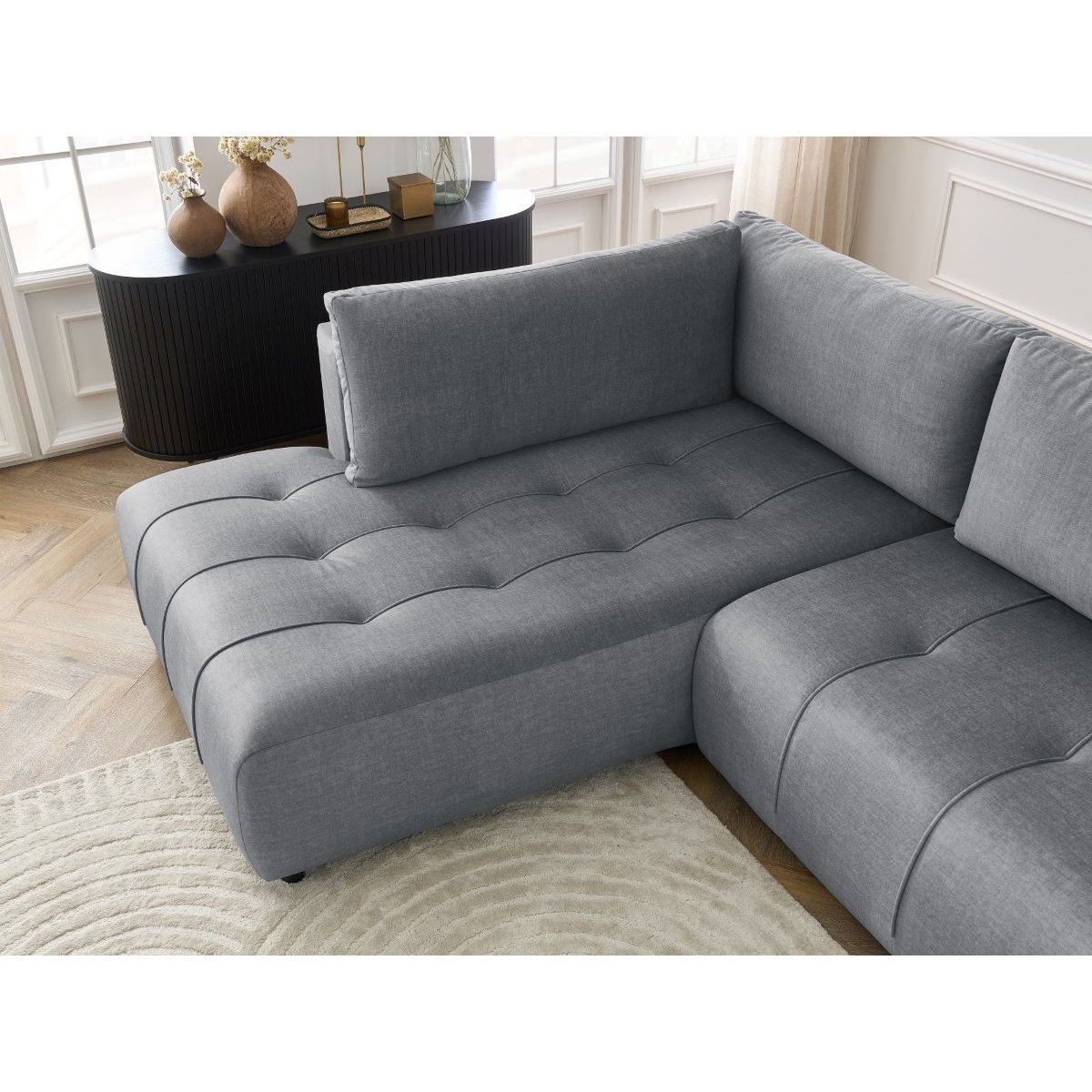 Canapé d'angle convertible 3 places en velours, ARSENE gris foncé, BOBOCHIC