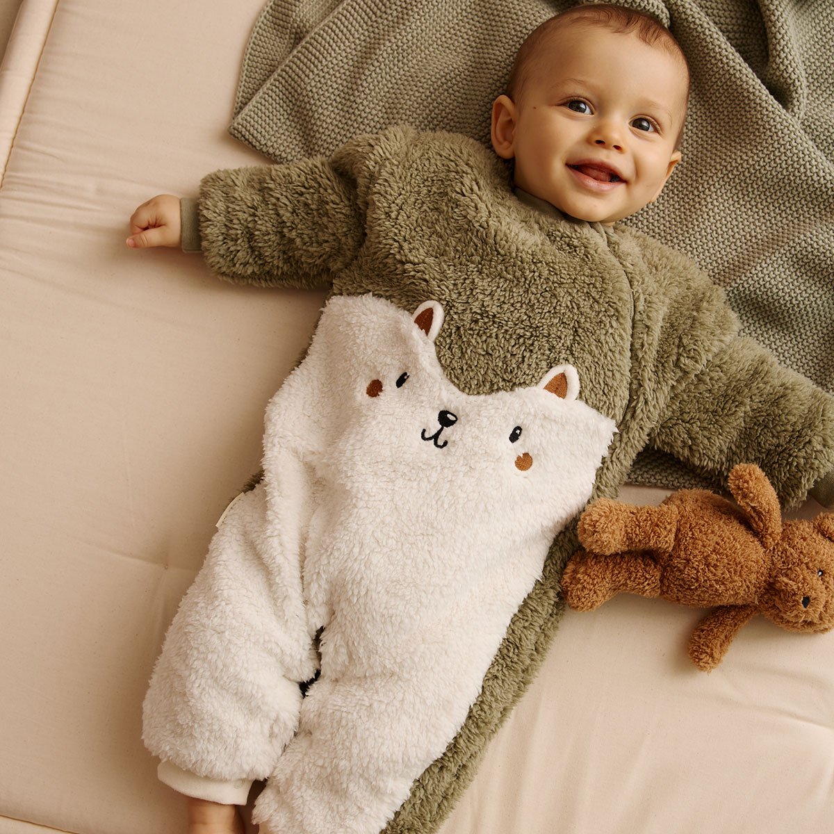 Surpyjama bébé en sherpa Ginkgo vert, PETIT BEGUIN