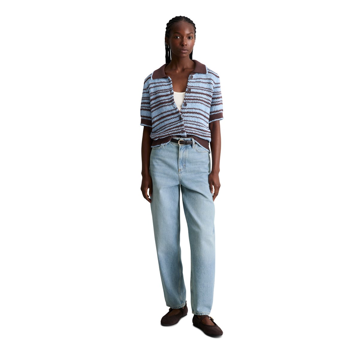 Polo cardigan regular en fil à bandelettes teinté dans la masse marron fonce, MARC O’POLO DENIM