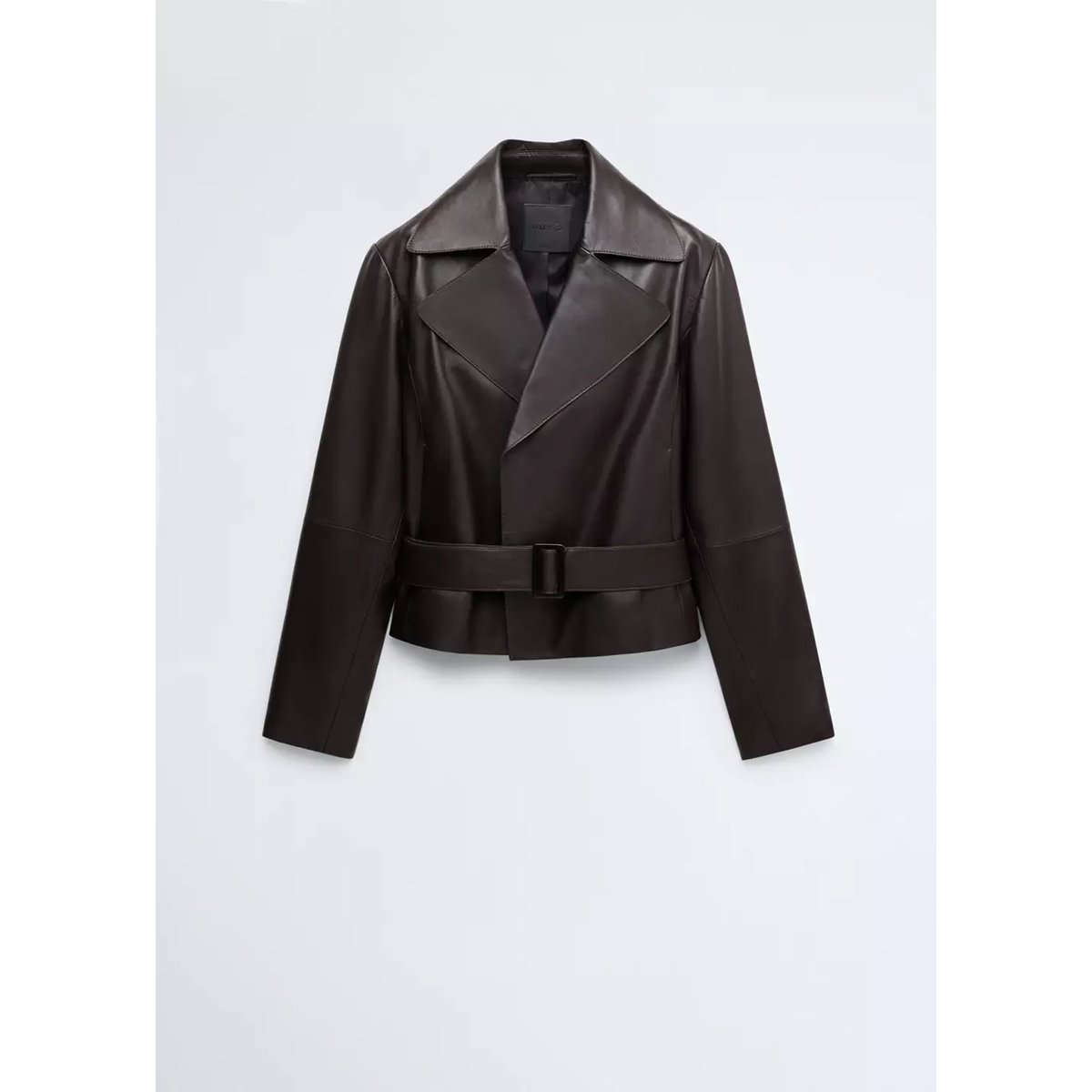 Trench crop en cuir avec ceinture chocolat, MANGO