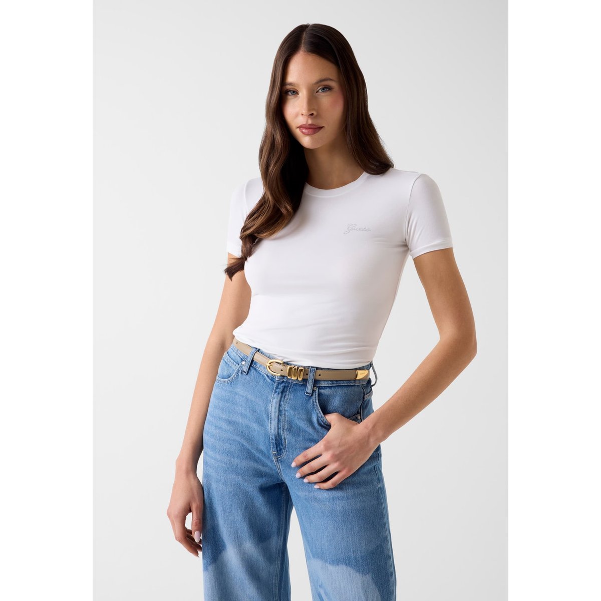 T-Shirt Avec Logo En Strass blanc, GUESS