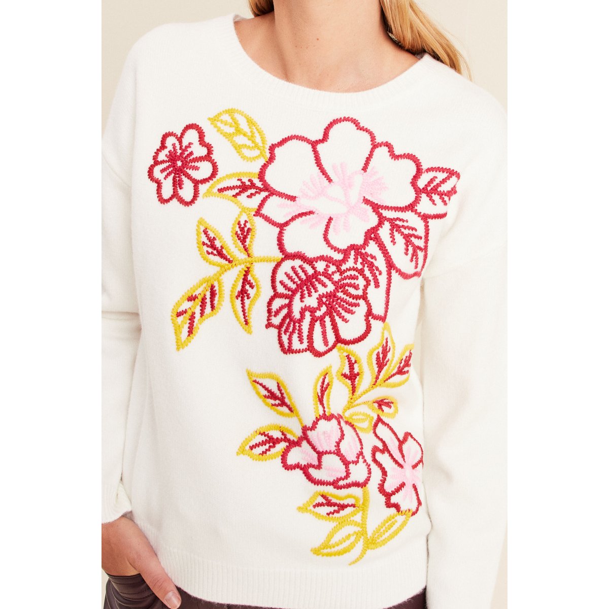 Pull brodé col rond manches longues rose framboise, BREAL