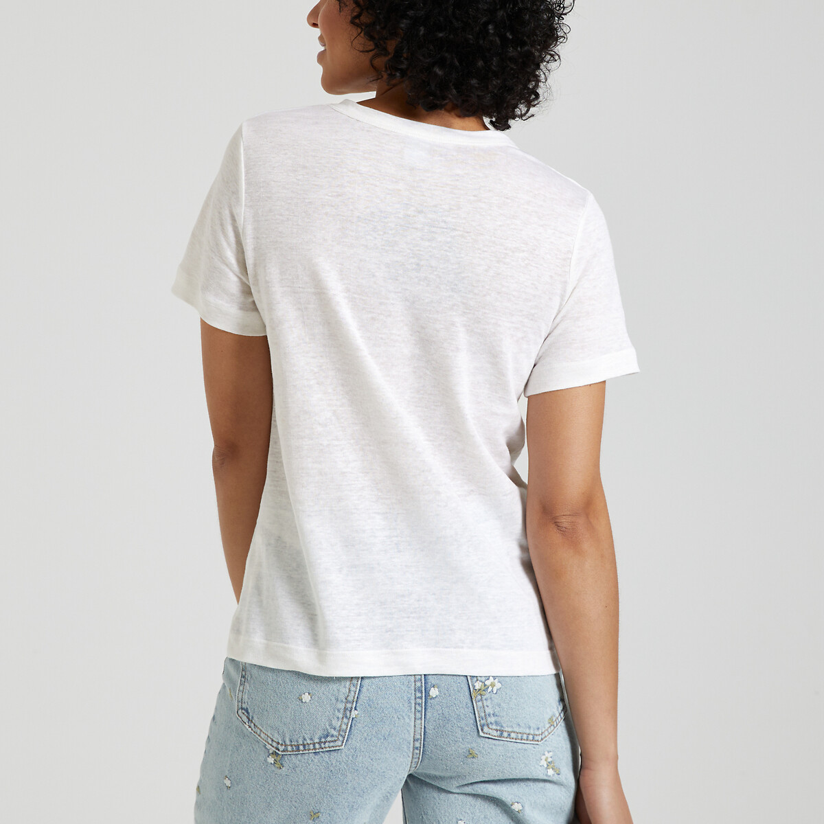 T-shirt L'iconique, col rond en jersey lin blanc, PETIT BATEAU
