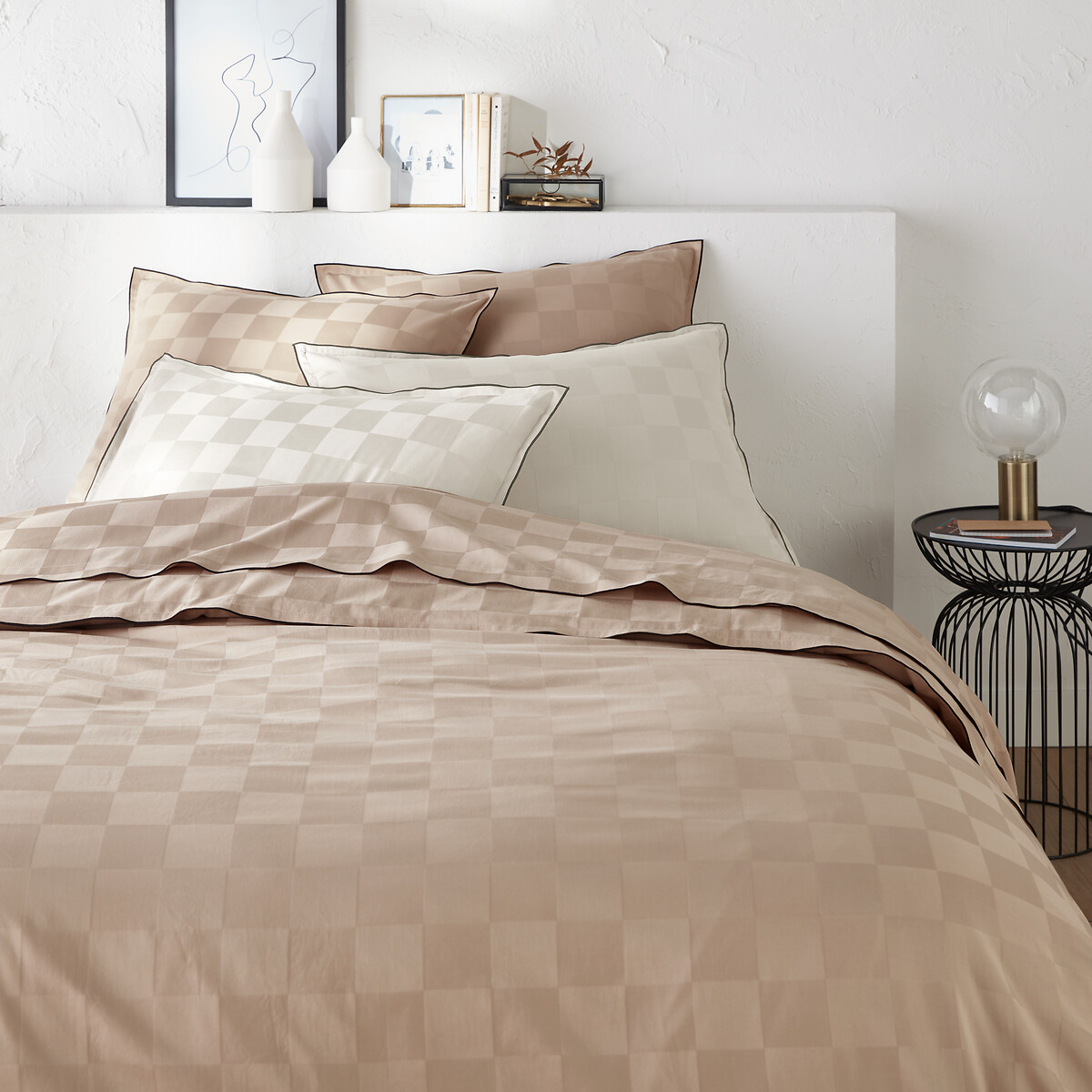 Victor Checkerboard Washed Cotton Satin Fitted Sheet pebbles, LA REDOUTE INTERIEURS