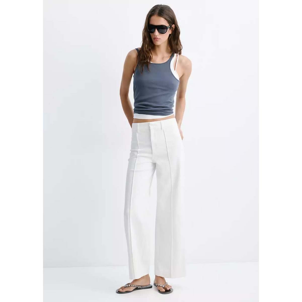 Jean large taille haute blanc, MANGO
