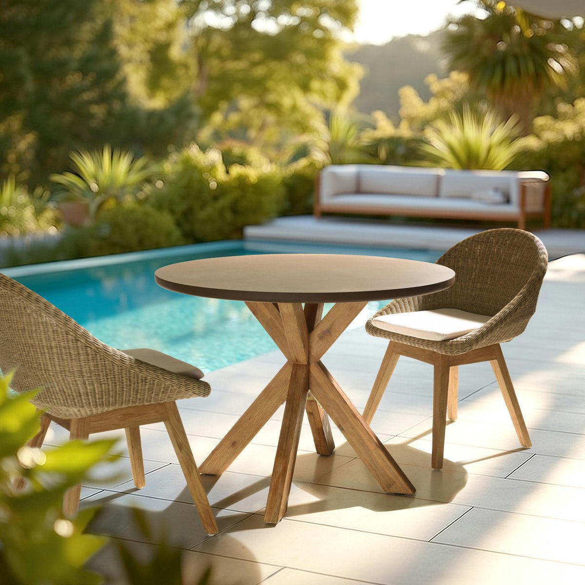 Table à manger ronde effet béton marron pied en bois d'acacia D100cm CALVI marron, PIER IMPORT