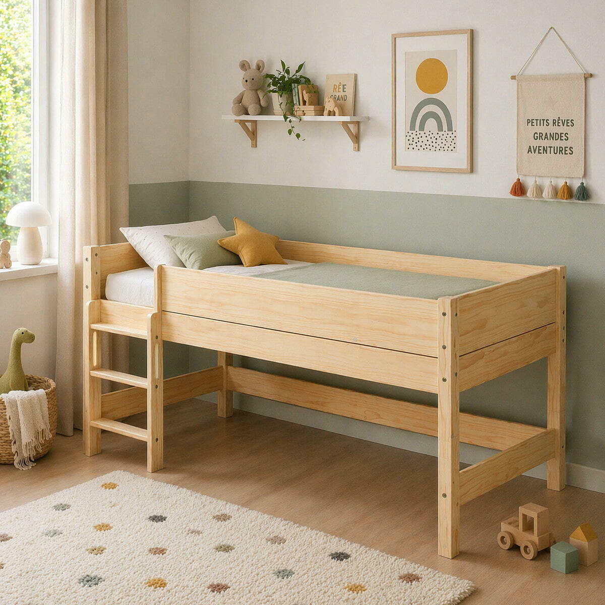 Pack lit mi-hauteur avec matelas Bois massif LOUW bois naturel, AKITEN RETAIL