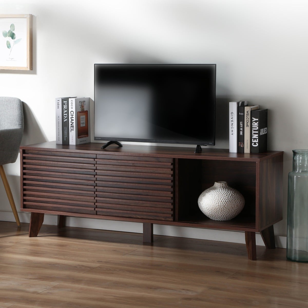 Meuble TV portes coulissantes Façades Effet Bois Rainuré L135 cm - FRIBOURG bois foncé, CALICOSY