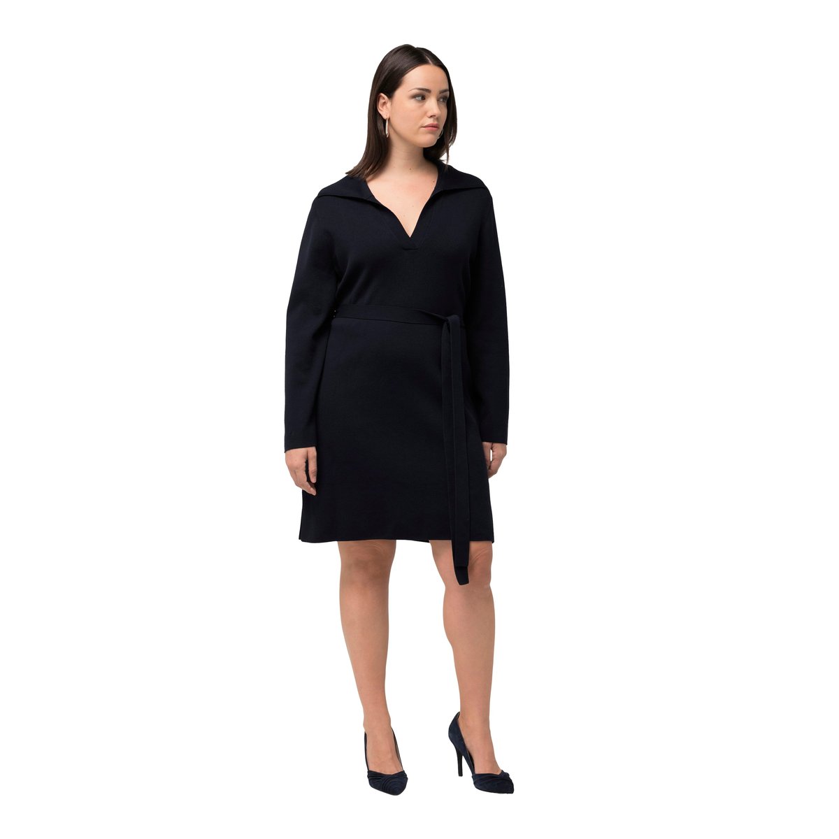 Robe en maille avec ceinture. Col chemise marine, ULLA POPKEN