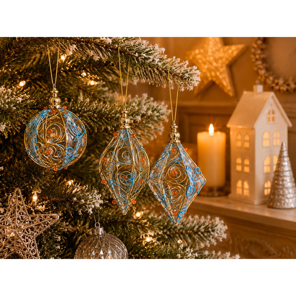 Lot de 3 Boules de Noël en Métal Bleu et Rouge bleu, EDEN