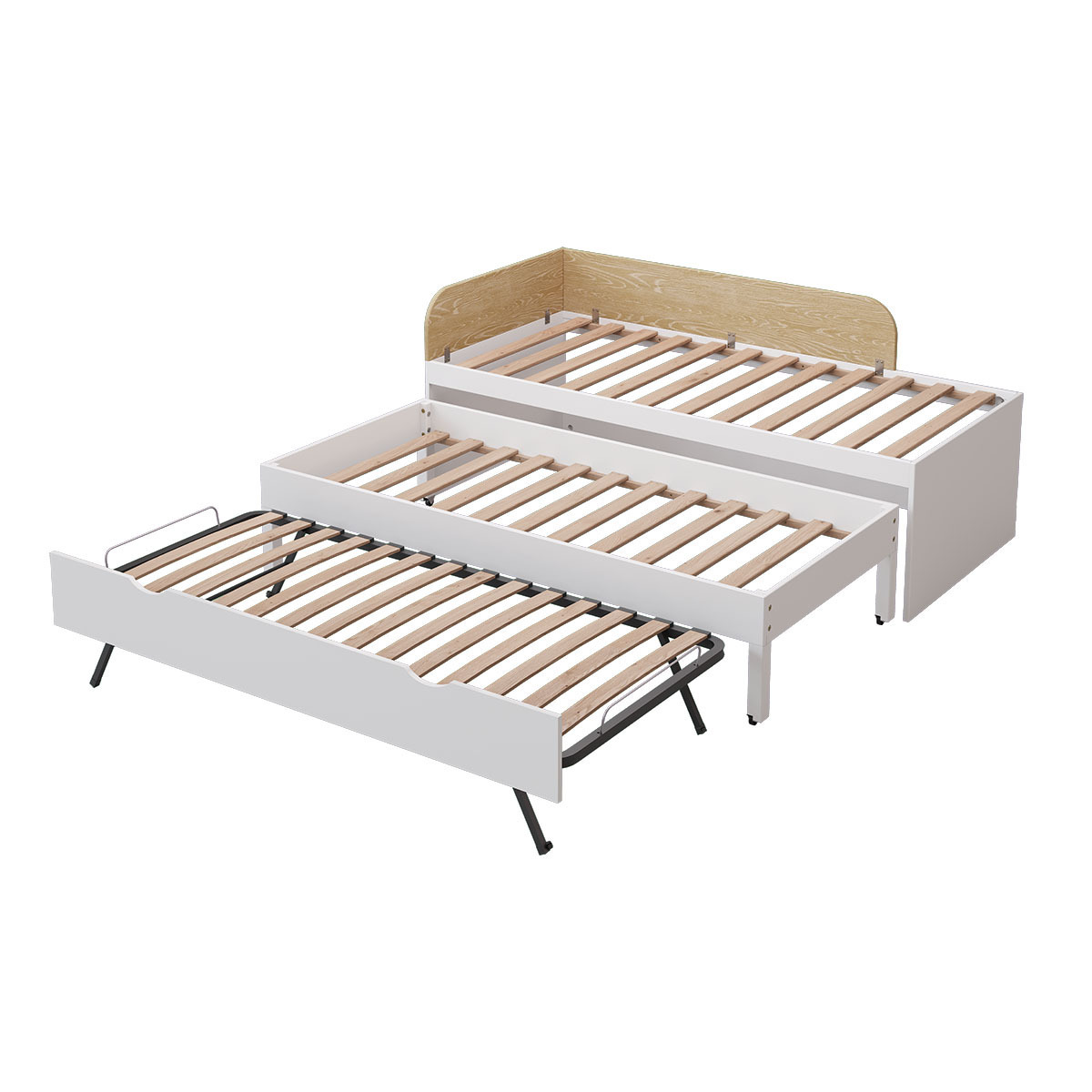 Pack lit gigogne 3 places avec matelas Bois massif NOHA blanc, AKITEN RETAIL