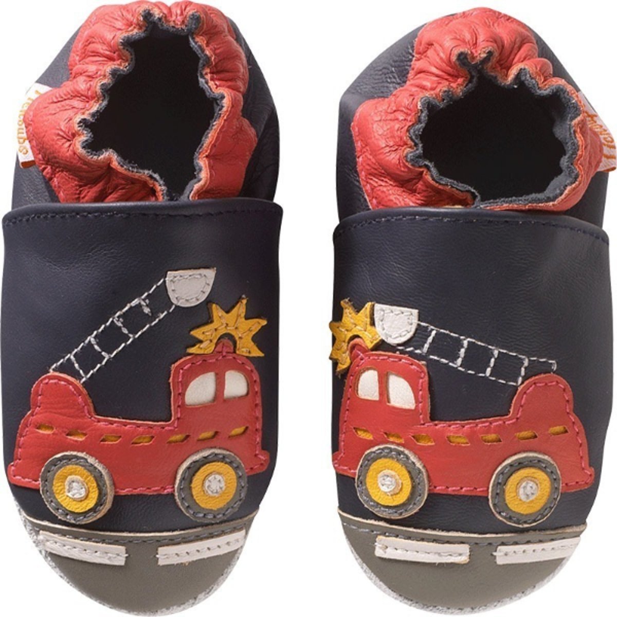 Chaussons bébé cuir souple Xavier le camion de pompier bleu, TICHOUPS