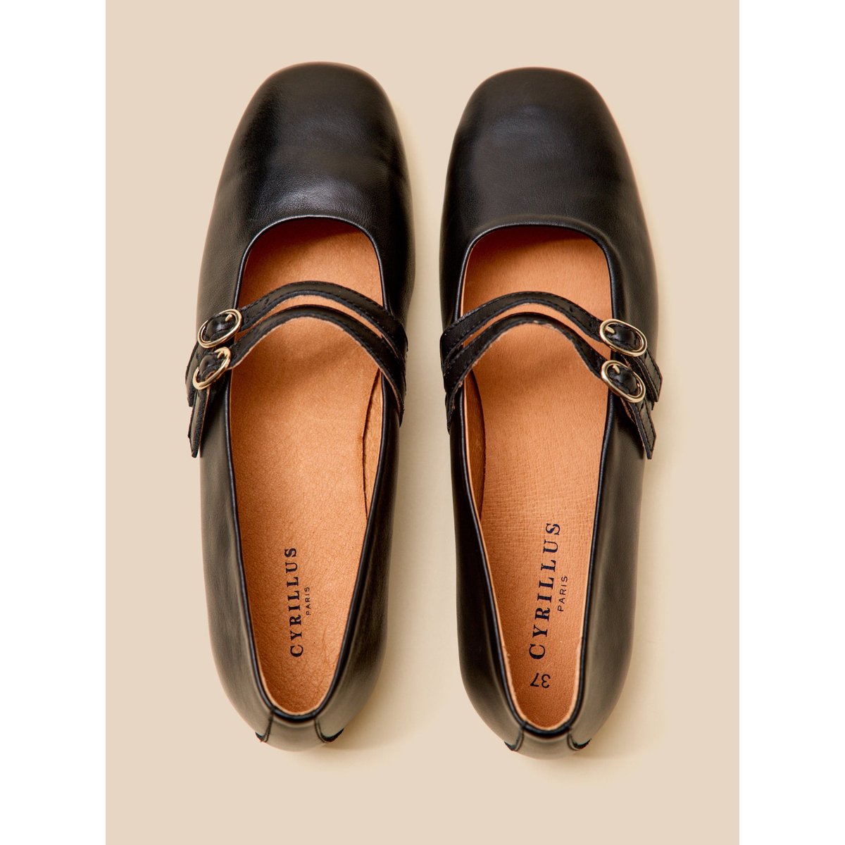 Ballerines 2 brides cuir noir, CYRILLUS