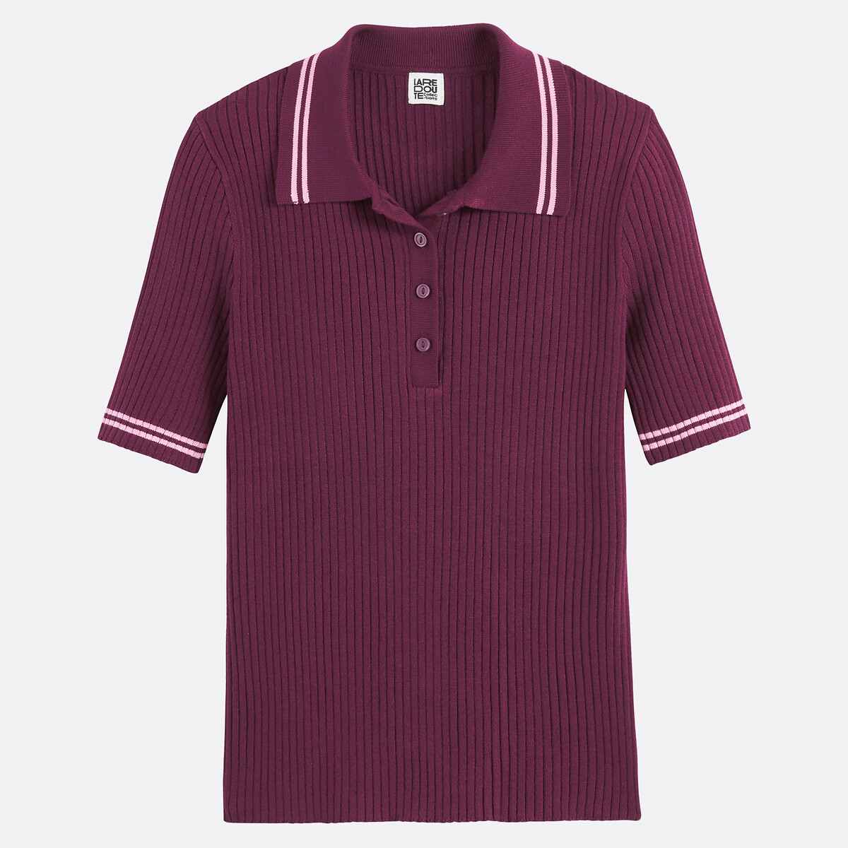 Pull col polo, manches courtes, en fine maille côtelée violet prune, LA REDOUTE COLLECTIONS