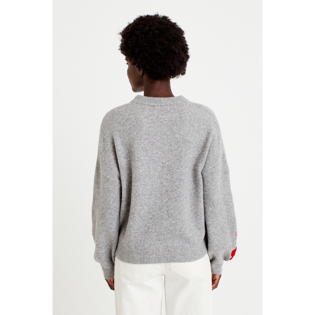 Pull oversize broderie col rond gris clair, CACHE CACHE