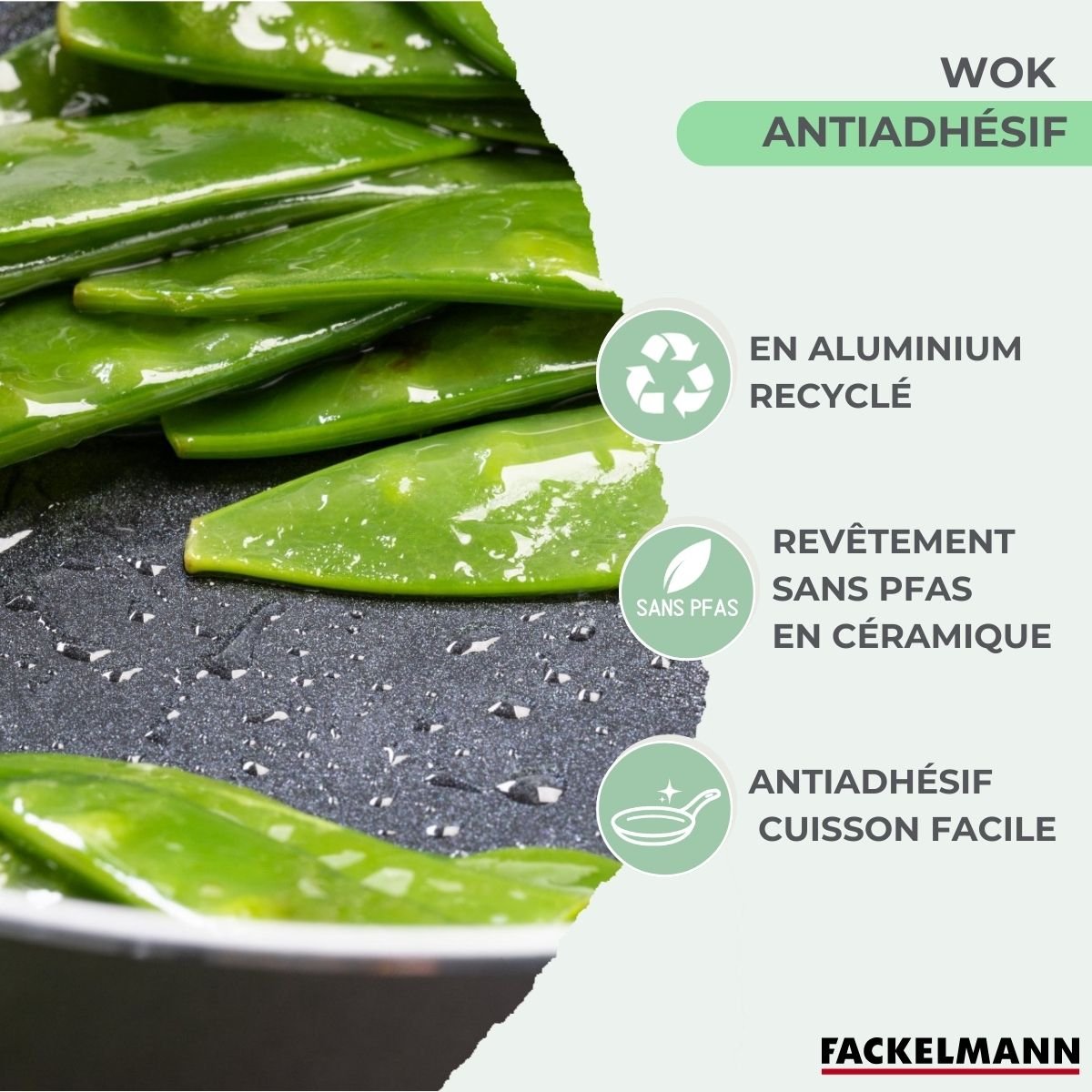 Wok 20 cm aluminium revêtement céramique antiadhésif BRANDAO vert,noir, FACKELMANN