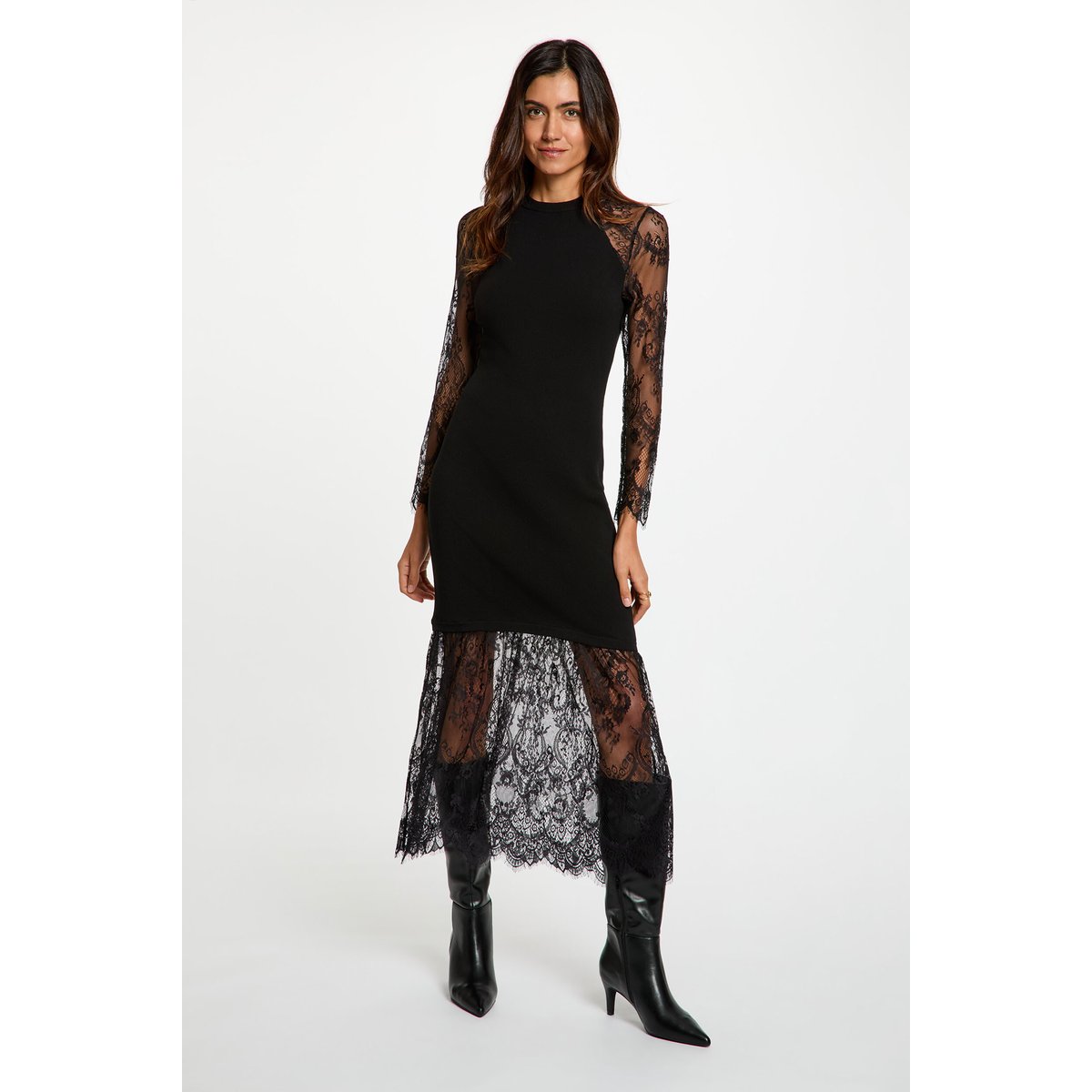 Robe tricot col montant noir, MORGAN