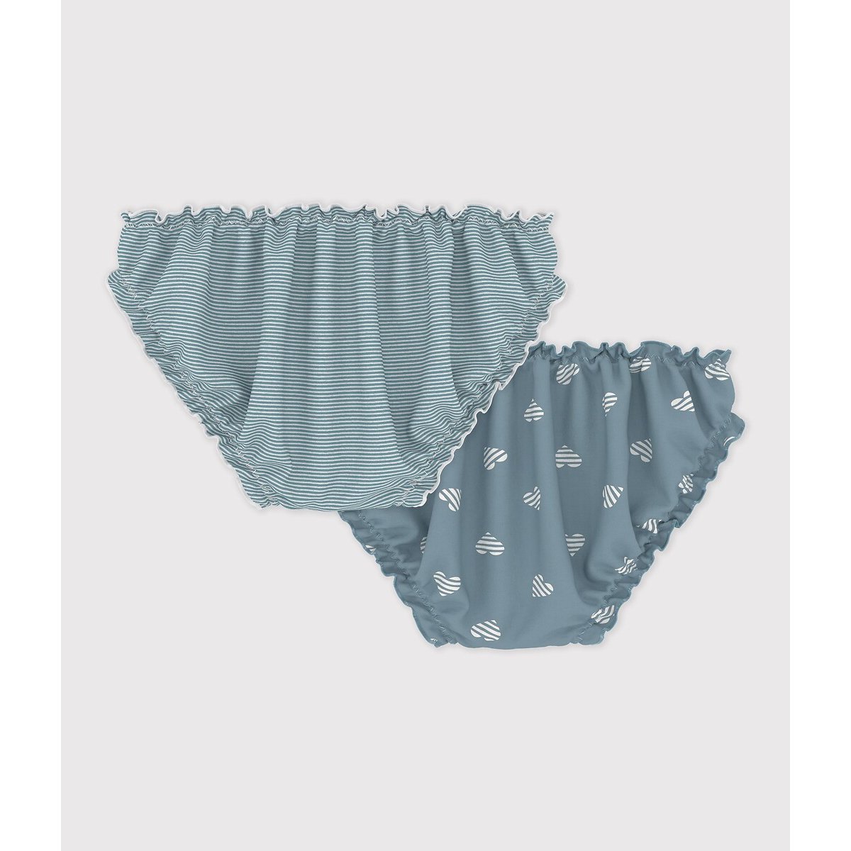Lot de 2 culottes froncées en coton vert d’eau rayé+vert d’eau cœur, PETIT BATEAU