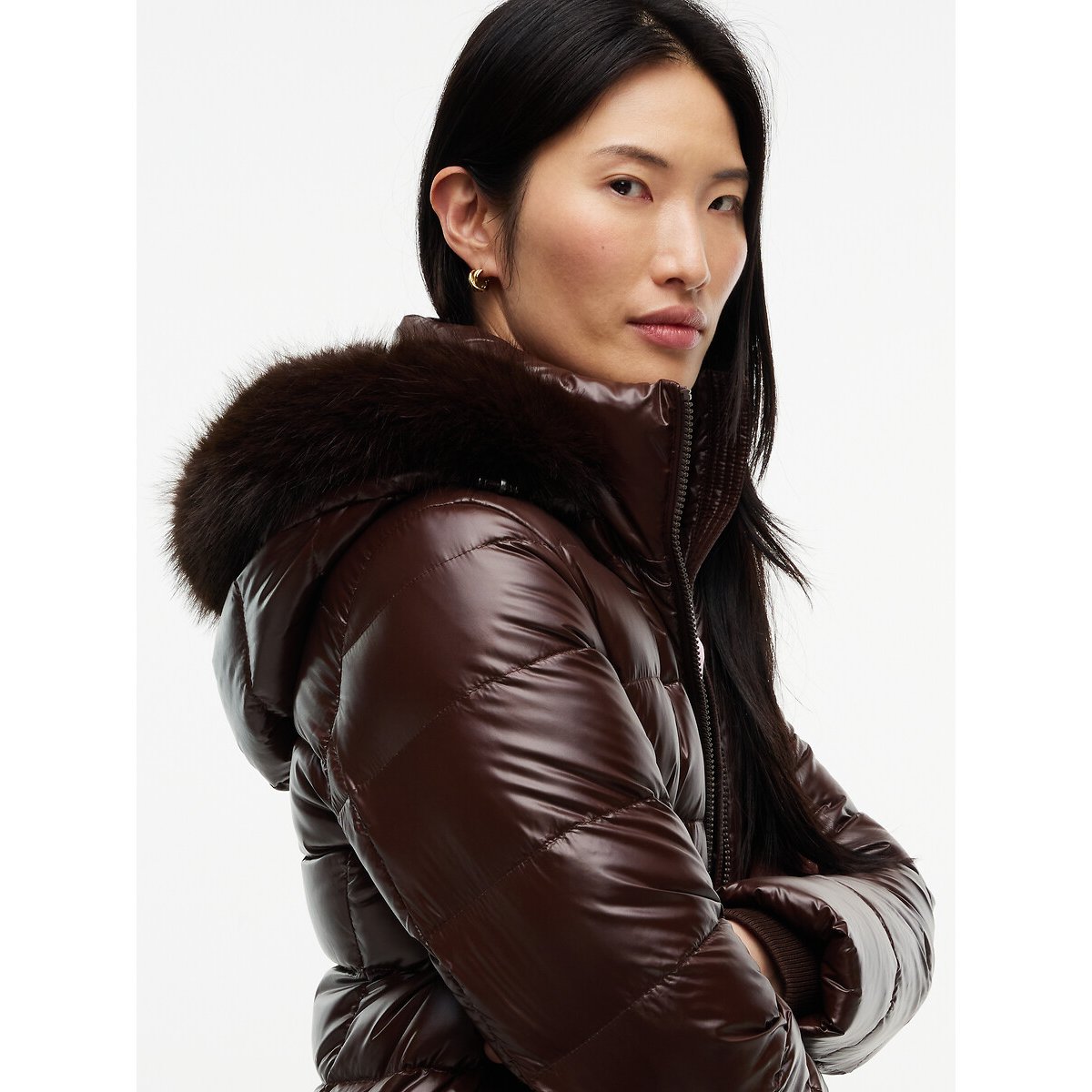 Doudoune courte à capuche et col duveteux chocolat, TOMMY HILFIGER