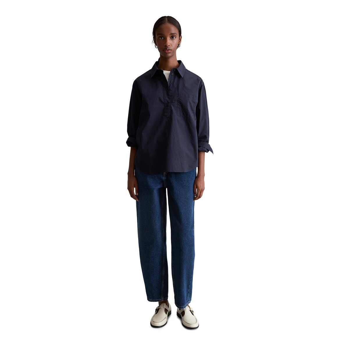 Blouse de style polo relaxed en popeline douce bleu fooncé, MARC O’POLO DENIM