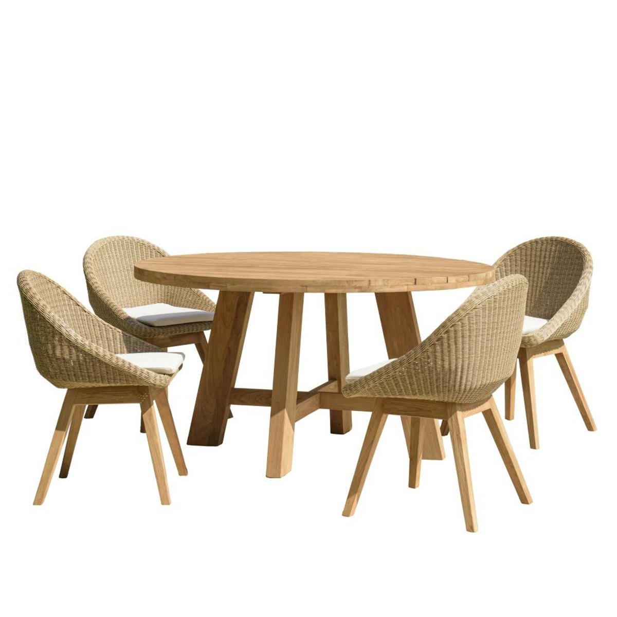 Salon de jardin teck naturel 1 table ronde 150 cm + 4 chaises arrondies résine tressée MANY bois naturel, PIER IMPORT