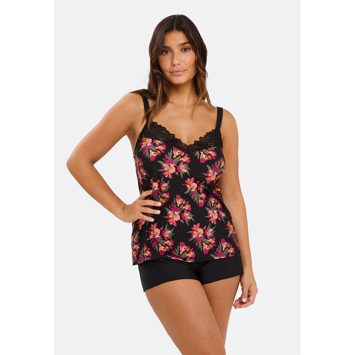 Caraco ORIANE bouquets noir / rose, SANS COMPLEXE