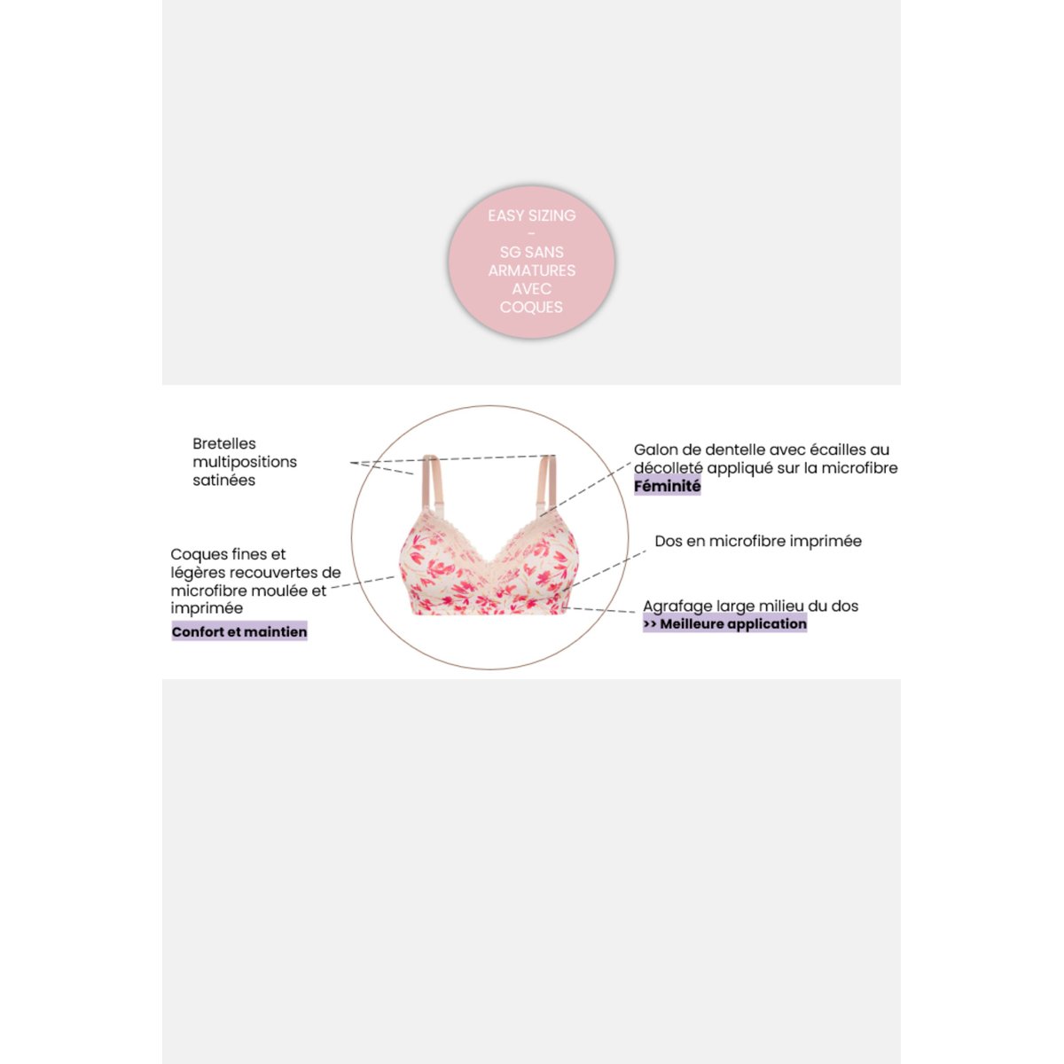 Brassière AGATHE FANTAISIE fleurs mauves, SANS COMPLEXE