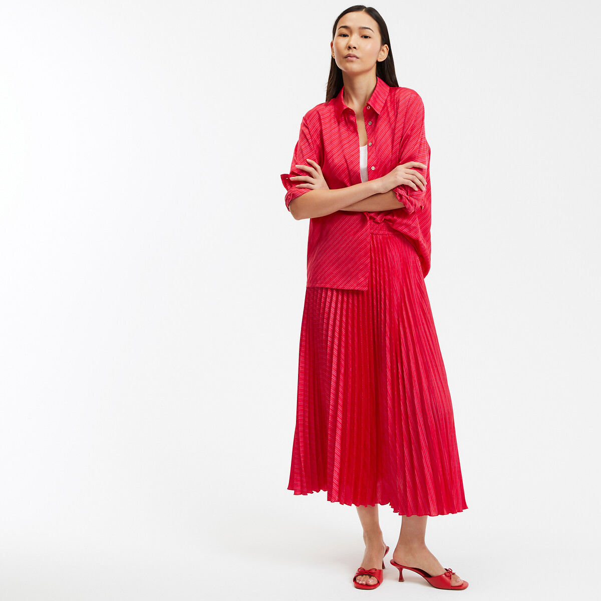 Striped Satin Shirt with Long Sleeves red striped/pink, LA REDOUTE COLLECTIONS