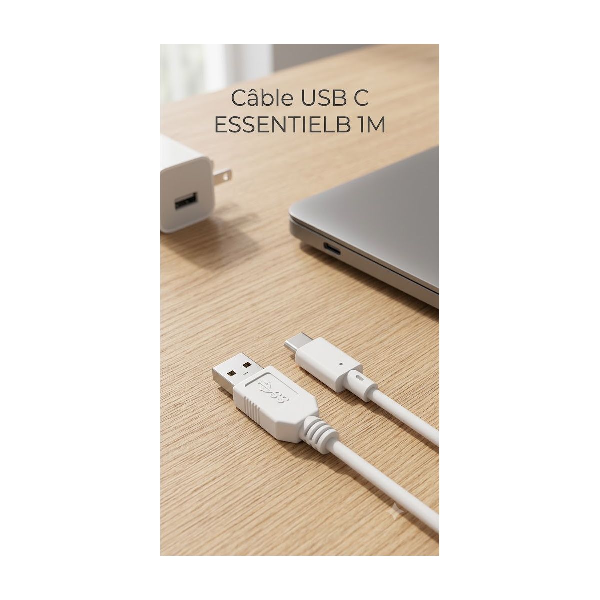 Câble USB C vers USB 1M Blanc compatible iPhone 17 16 15 Pro Max et Samsung Galaxy S25 S24 Ultra couleur unique, ESSENTIEL B