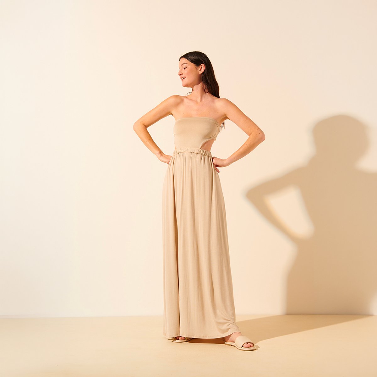 Robe fluide bustier NANCY beige sable, BENOA
