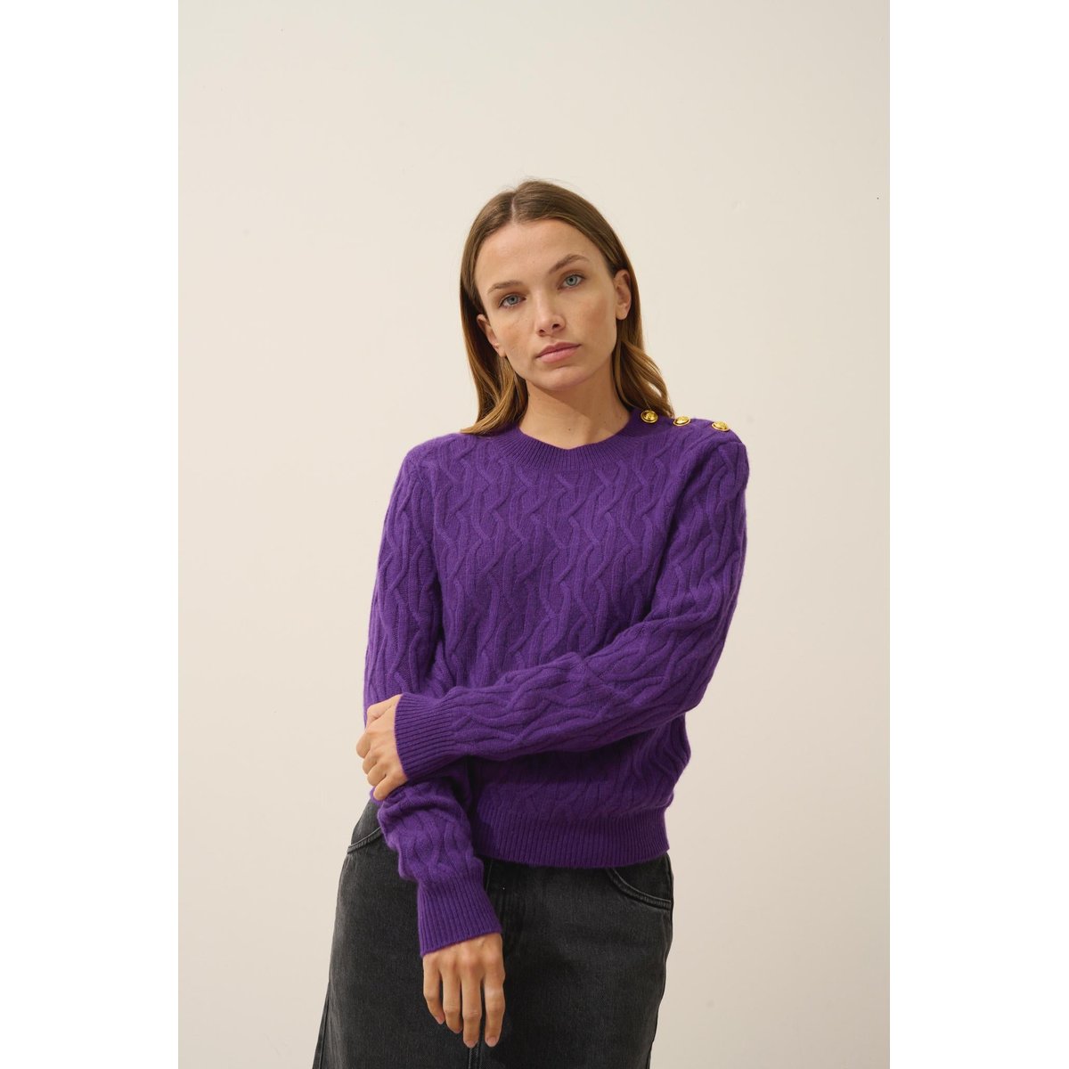 Pull Col Rond Marin 4 Fils Violette Lynd violet, JUST CASHMERE