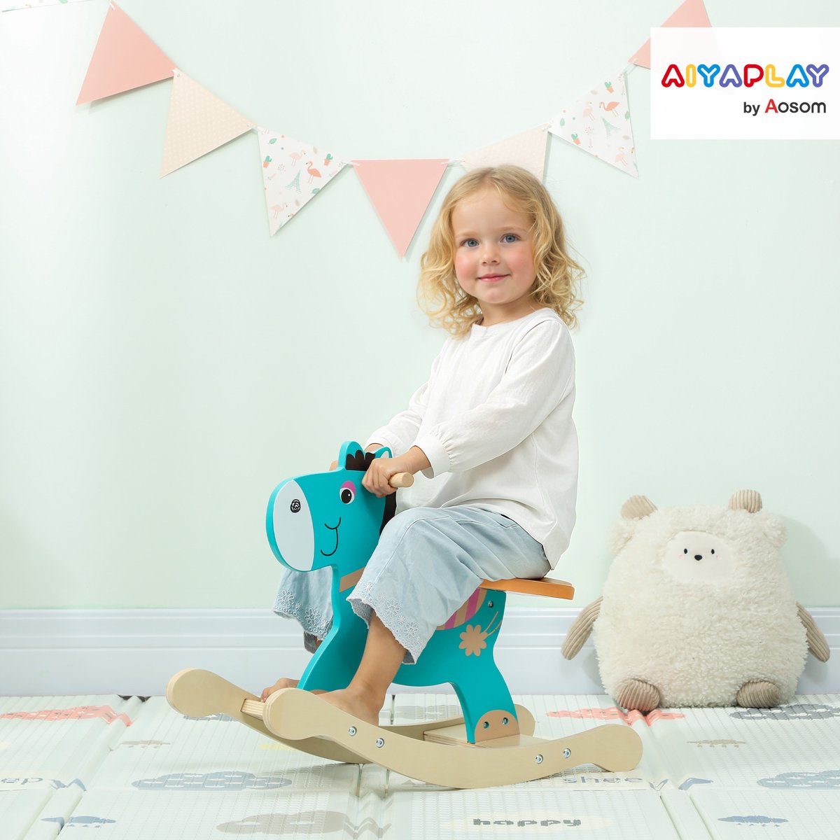 Cheval à bascule pour enfants Contreplaqué vert foncé, orange, bois, AIYAPLAY