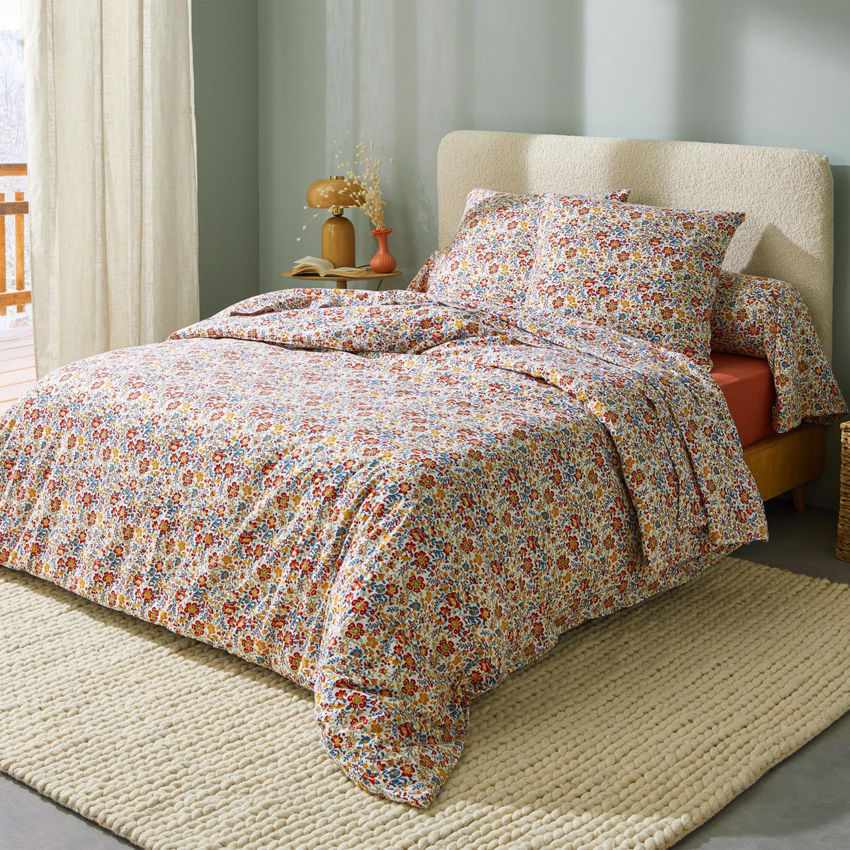 Parure de lit 2 pièces flanelle de coton floral housse + taie rouge, TRADILINGE