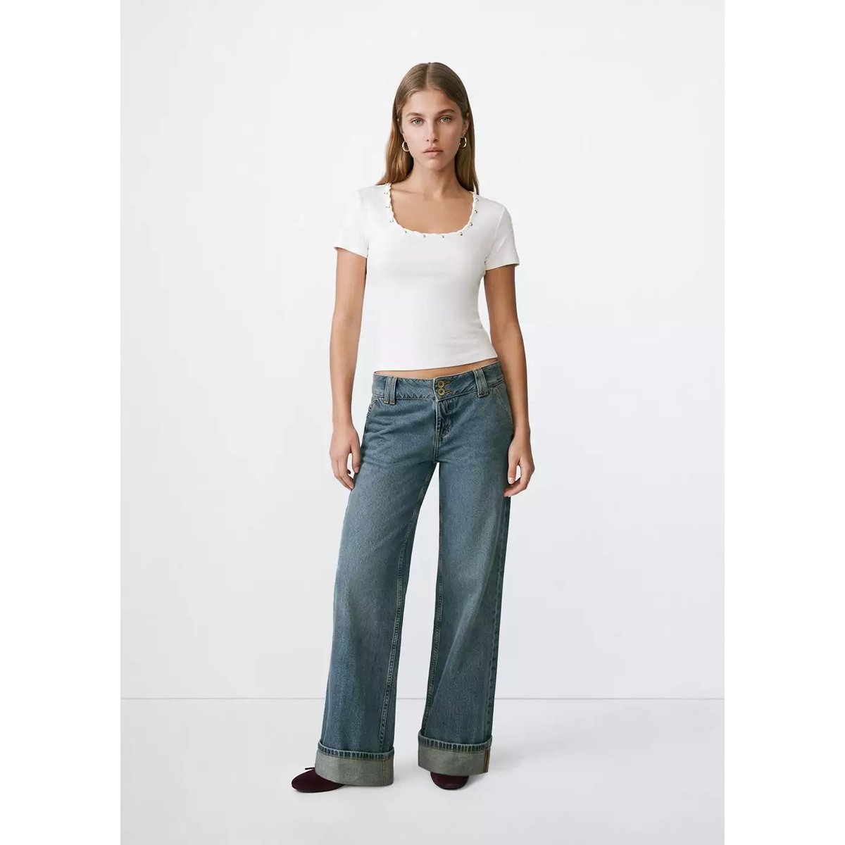 T-shirt en coton avec cordon tressé blanc cassé, MANGO TEEN