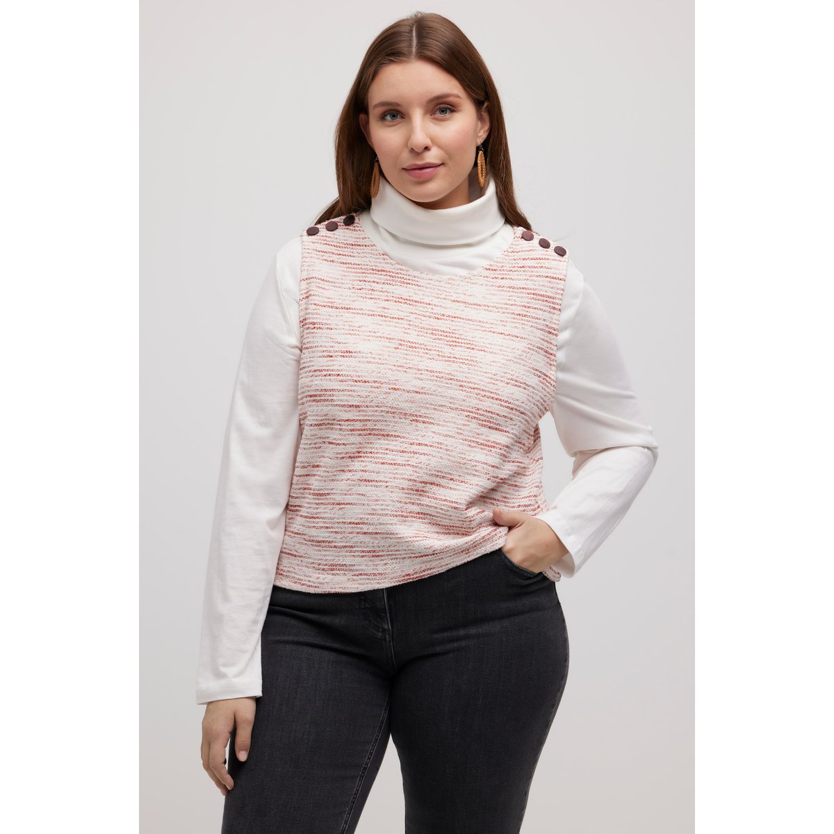 Pull sans manches en molleton, rayures rouge, ULLA POPKEN