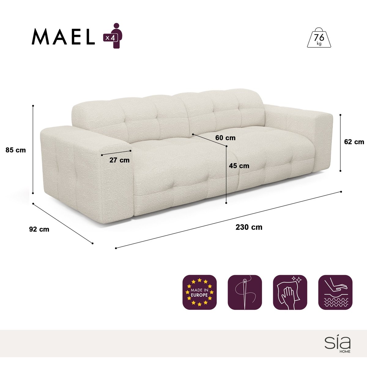 Canapé en velours MAEL crème, SIA HOME