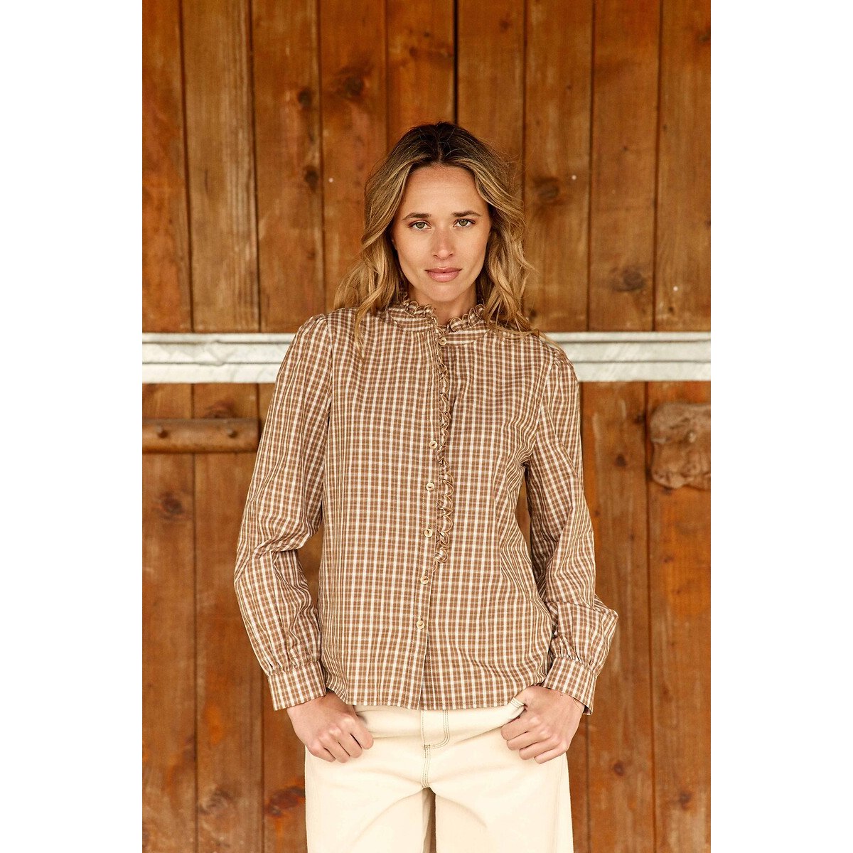 Blouse à carreaux et volants, BETHANIE camel, LA PETITE ETOILE