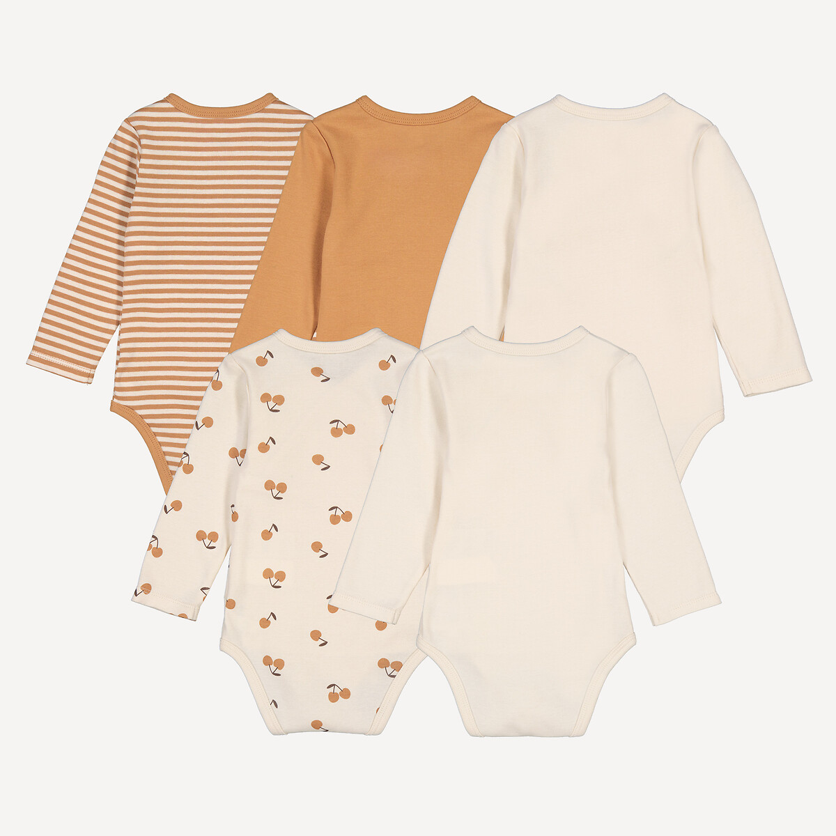 Lot de 5 bodies croisés manches longues, en coton, imprimés cerises ecru + camel, LA REDOUTE COLLECTIONS