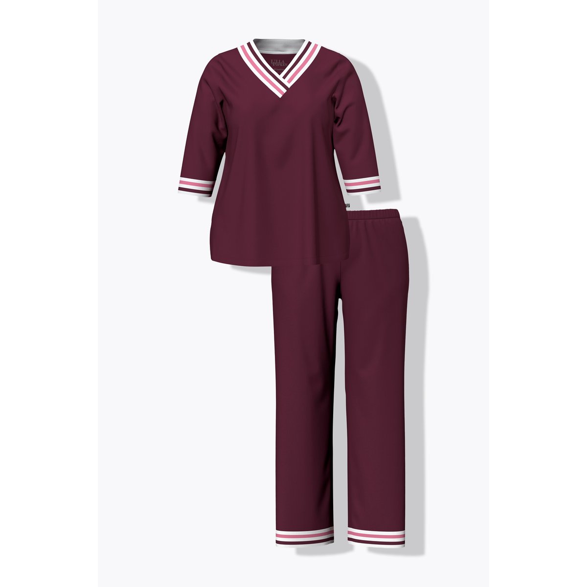 Pyjama à col V et manches 3/4 rouge vin foncé, ULLA POPKEN