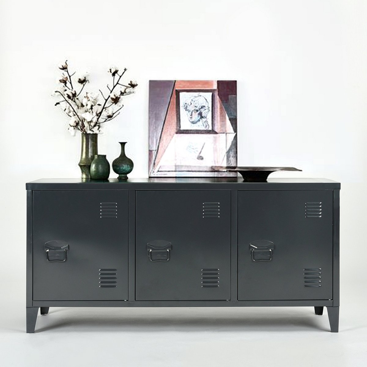 Armoire de rangement bas h58cm 3 portes 2 étagères en métal style industriel, MATAPOURI noir, MEUBLES COSY