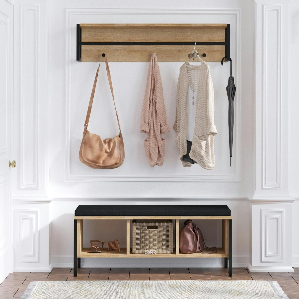 Banc d'entrée noir avec rangement et portemanteau MARFA bois naturel, PIER IMPORT