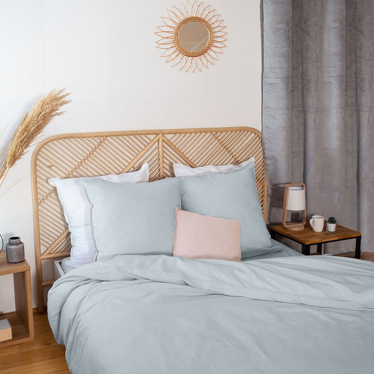 Parure de lit - housse de couette avec taies en coton gris, EDEN