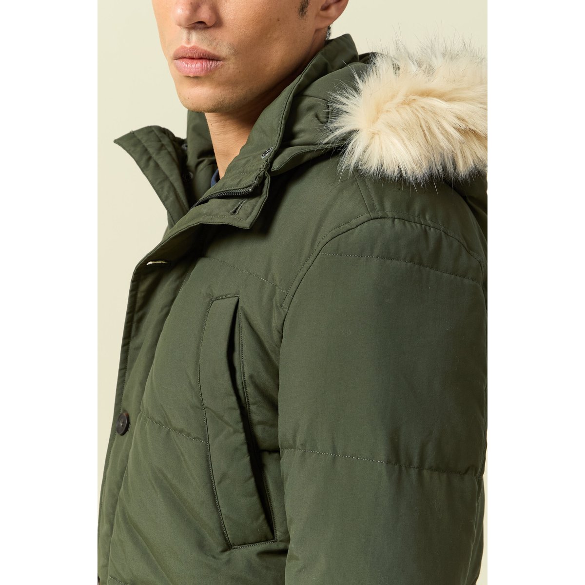 Parka longue droite à capuche vert kaki, BONOBO