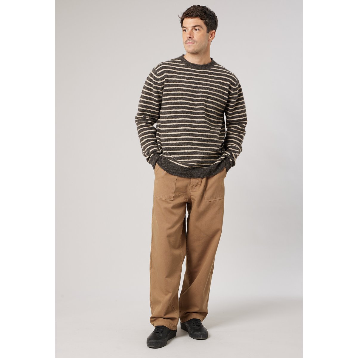 Pull confort homme en maille rayé jacquard RISCOS brown, DEELUXE