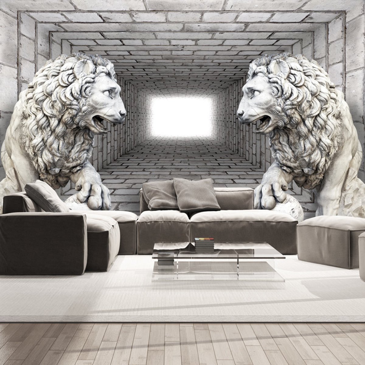 Papier peint intissé panoramique 3D et Perspective Lions de pierre gris / argent, EDEN