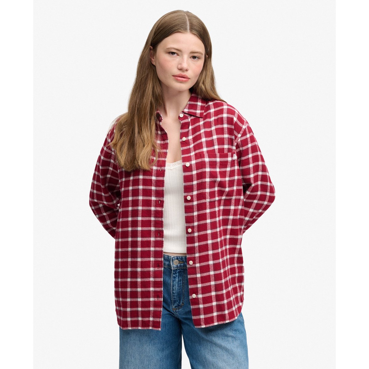 Chemise Flanelle Carreaux Coupe Oversize bordeaux à carreaux, SUPERDRY