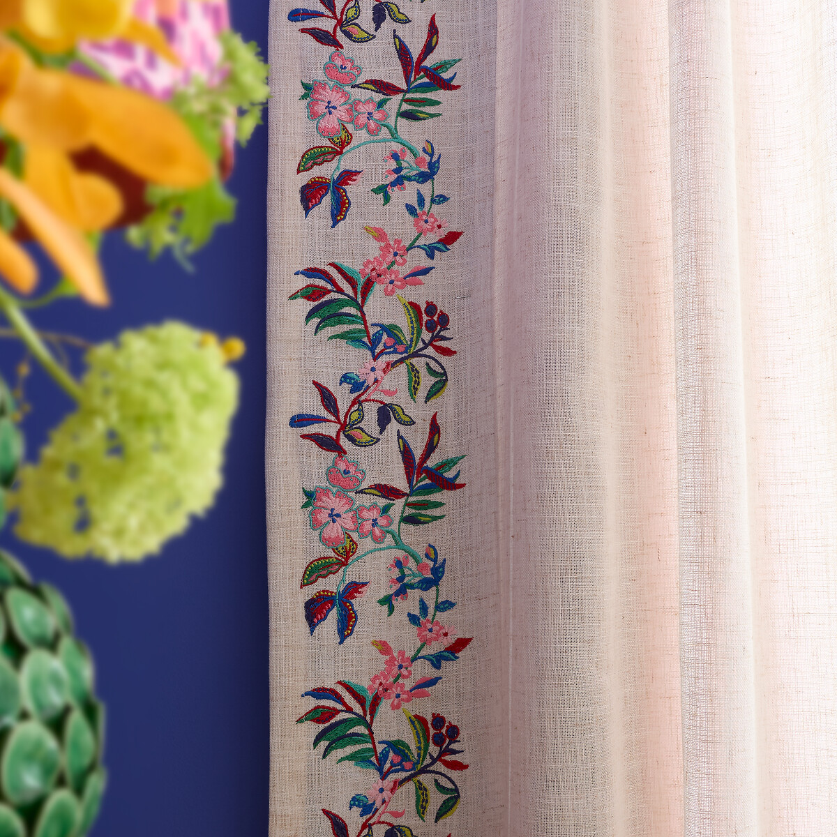 Flourish Floral Embroidered Tab Top Voile Curtain Panel multi-coloured, SOPHIE ROBINSON